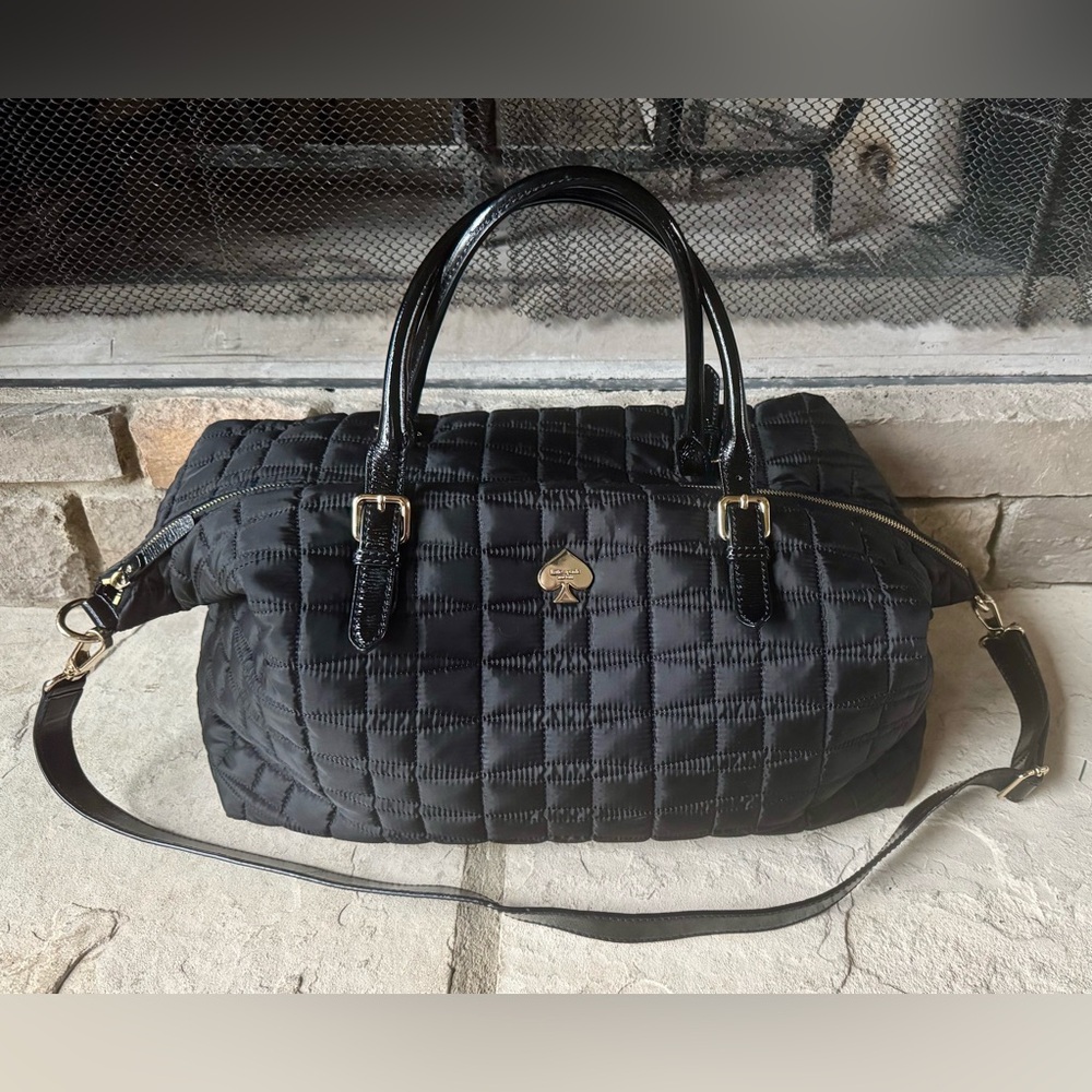Kate Spade Black Quilted Travel Bag with Patent Handles and Shoulder Strap